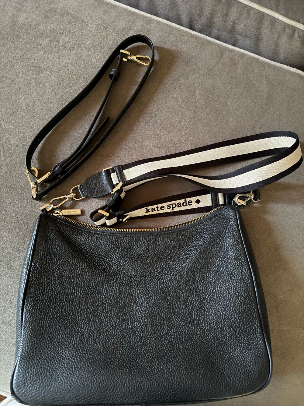 kate spade Black Pebbled Leather Shoulder Bag with Striped Strap - Picture 2 of 4